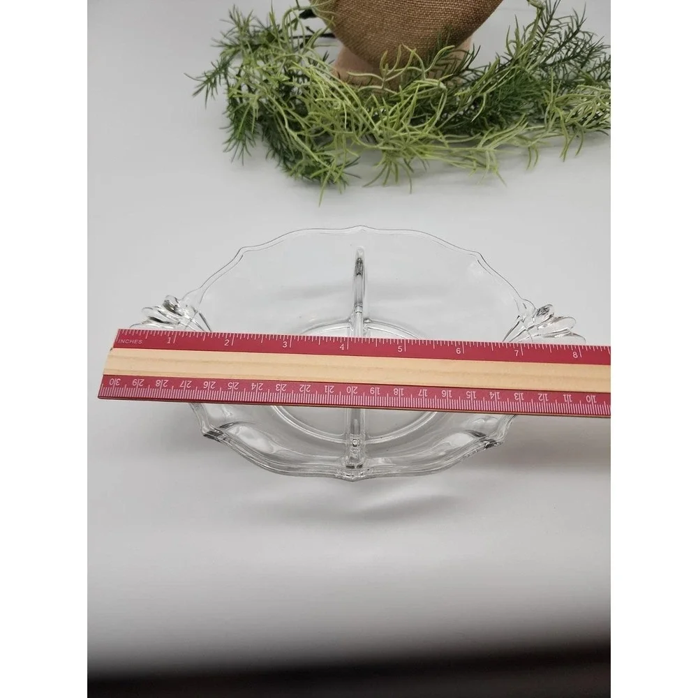 Vintage Clear Glass Divided Relish‎ Dish Fan Handles Mid-Century Serving Bowl